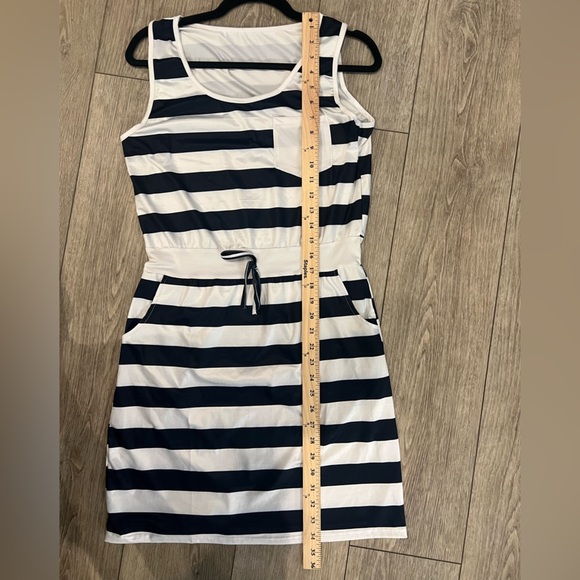 Navy and White Striped Jersey material Dress with pockets - Picture 6 of 7